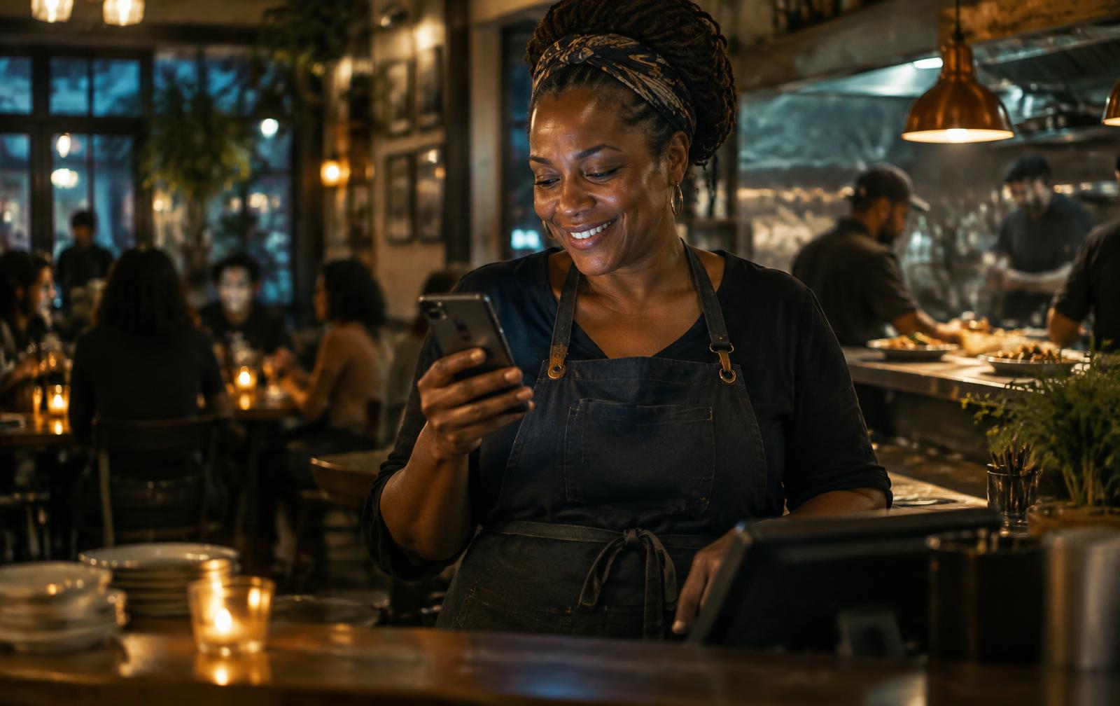 A restaurant owner smiling at a new booking on her phone
